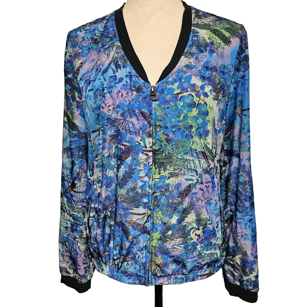 Hinge Women's Blue Green Floral Lightweight Bomber Jacket Size M